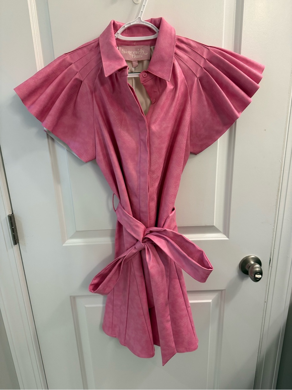 NWT Sincerely Ours Corine Faux Leather Pleated Mini Dress Pink Size XS